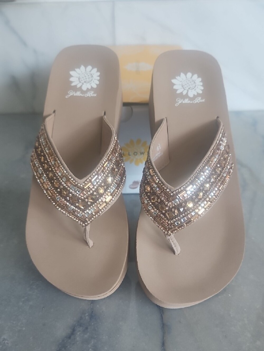 Yellow Box Beaded Taupe Platform Thong Sandals - Picture 7 of 9